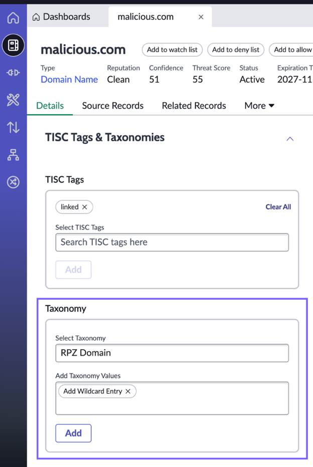 Domain record in TISC with the Taxonomy fields highlighted.