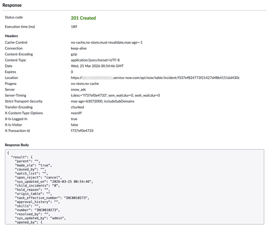 REST API Explorer POST response