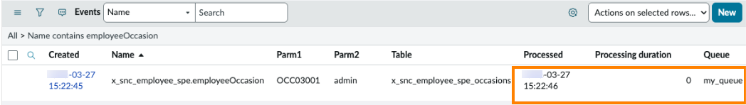 Events table highlighting the contents of the Processed and Queue fields.