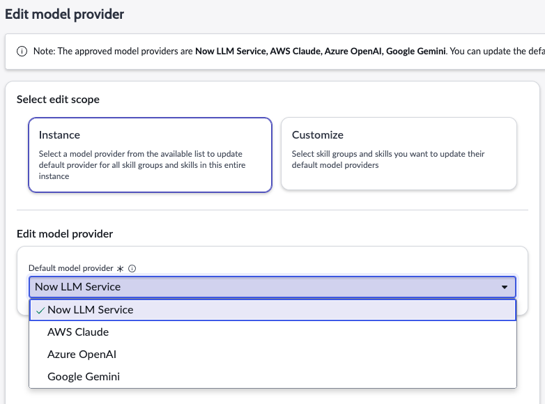 Select a model provider for all the skill groups and skills in the instance.