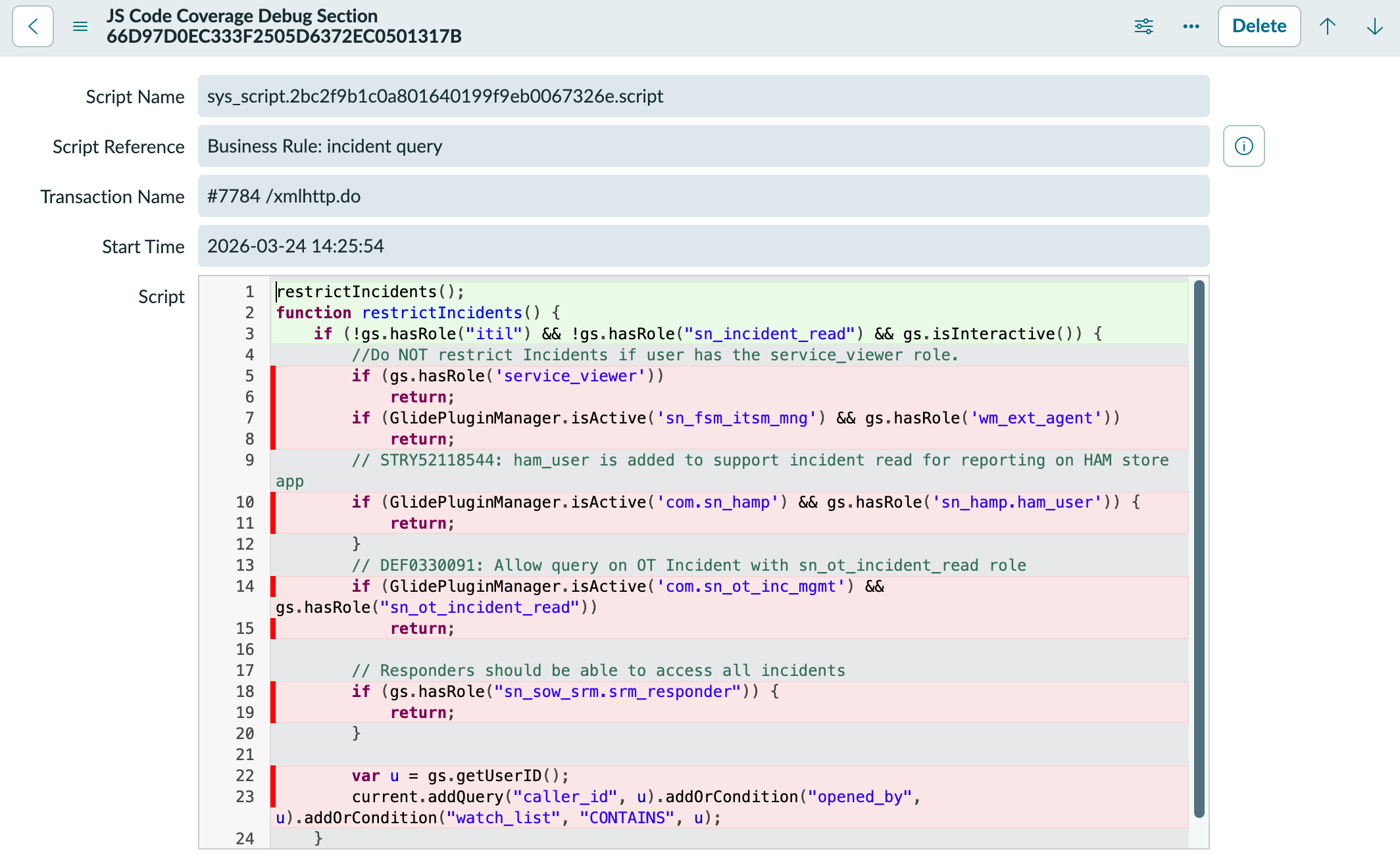 JS code coverage debug section
