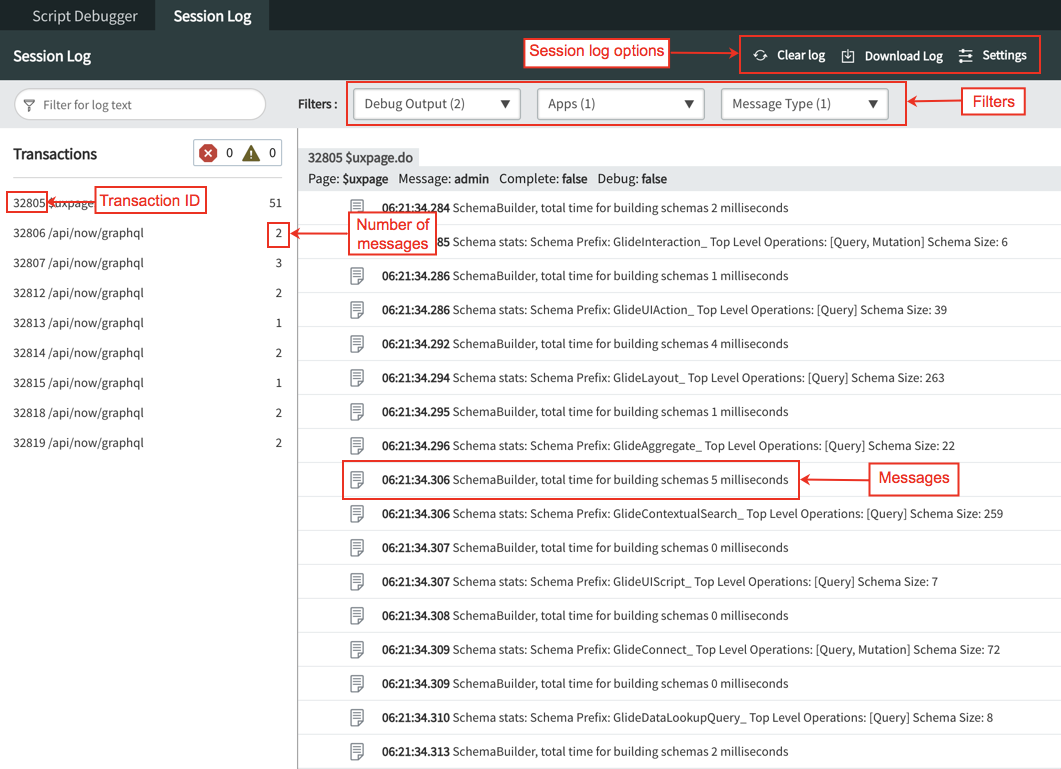 Session log user interface elements