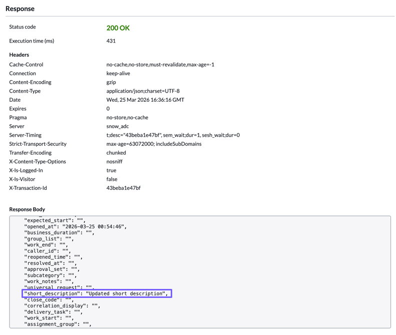 REST API Explorer PUT response