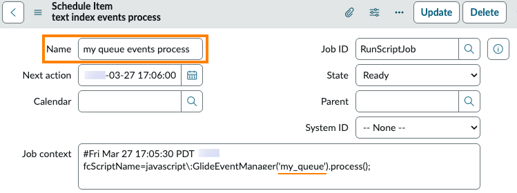 Schedule Item form showing the copied item renamed and the updated queue name for GlideEventManager in theJob context field.