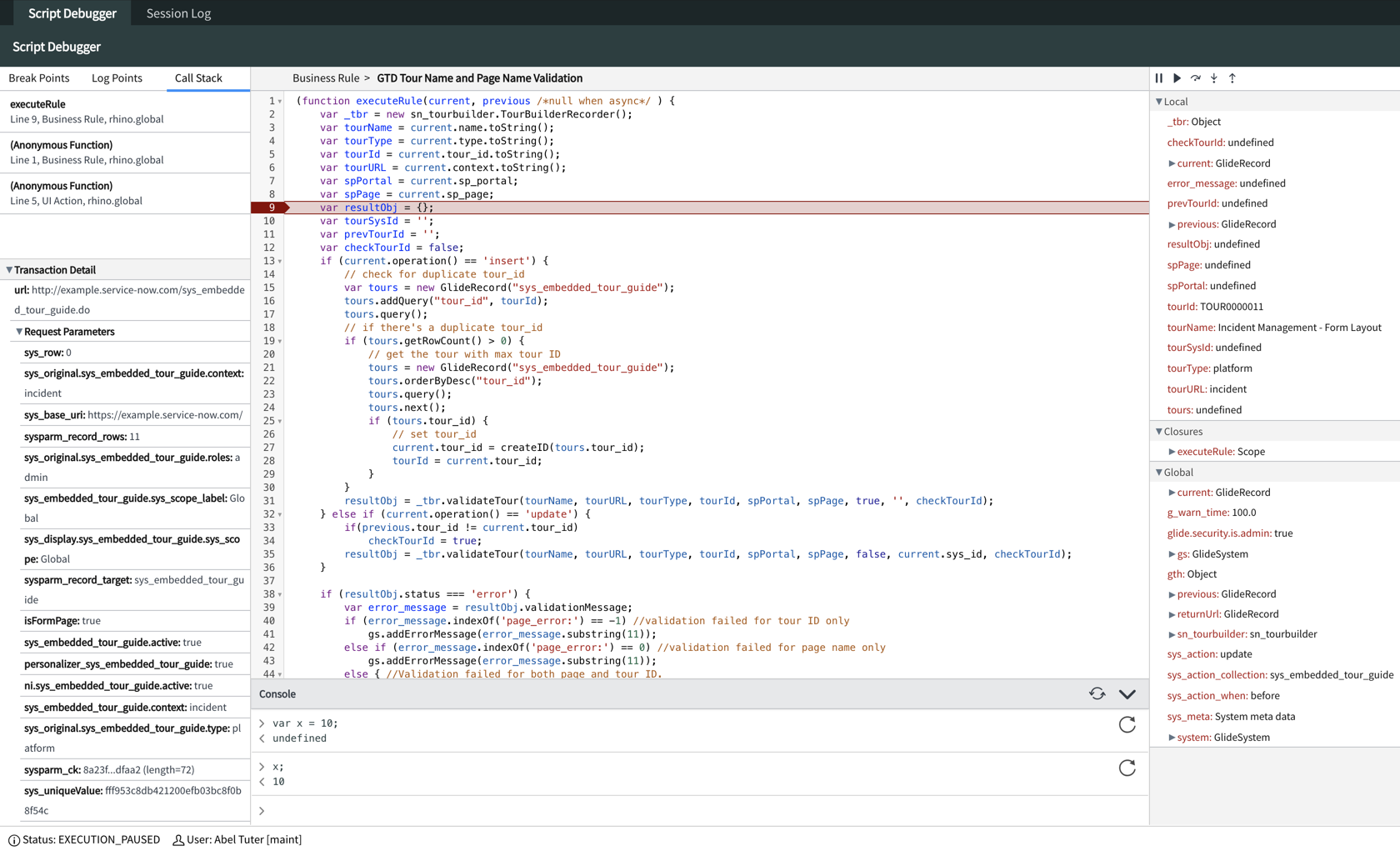 Evaluating expressions in Console when a business rule execution is paused in the Script Debugger.