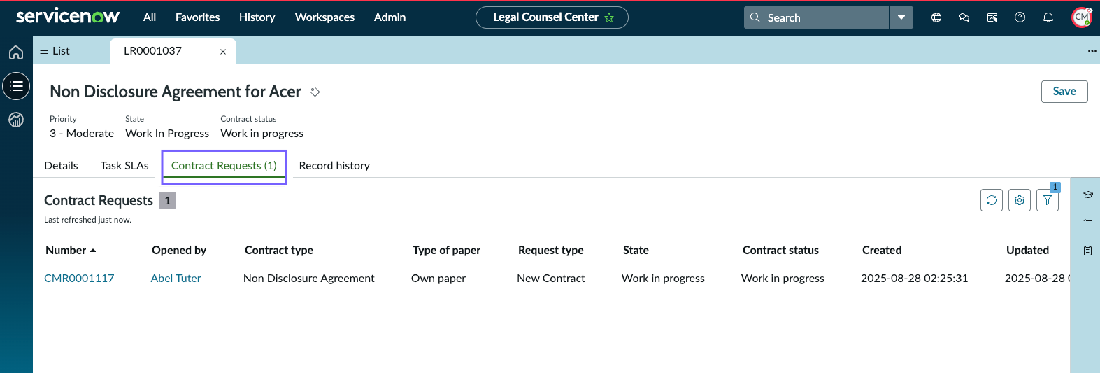 The contract request related list is available in your record