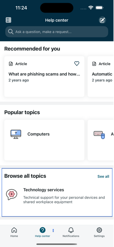 Browse all topics section displays on Now Mobile home page.