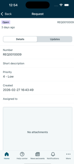 Request details page on the Now Mobile app.