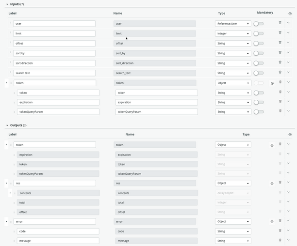 necessary inputs and outputs for the search subflow