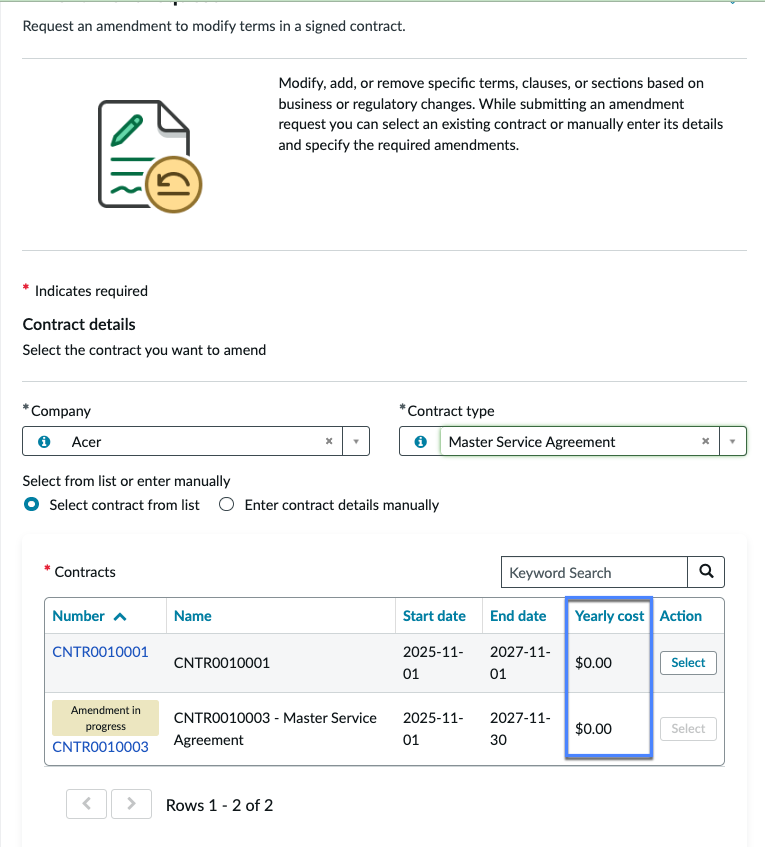 Yearly cost displayed in the search result table