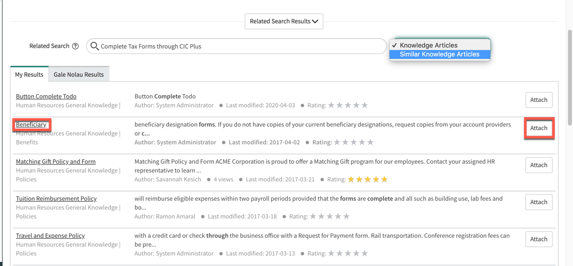 Preview or attach the article to the HR case form.