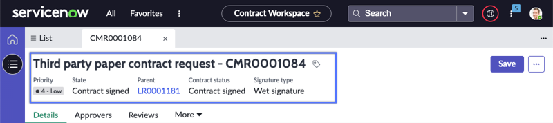 Contract request form header displaying the configured fields