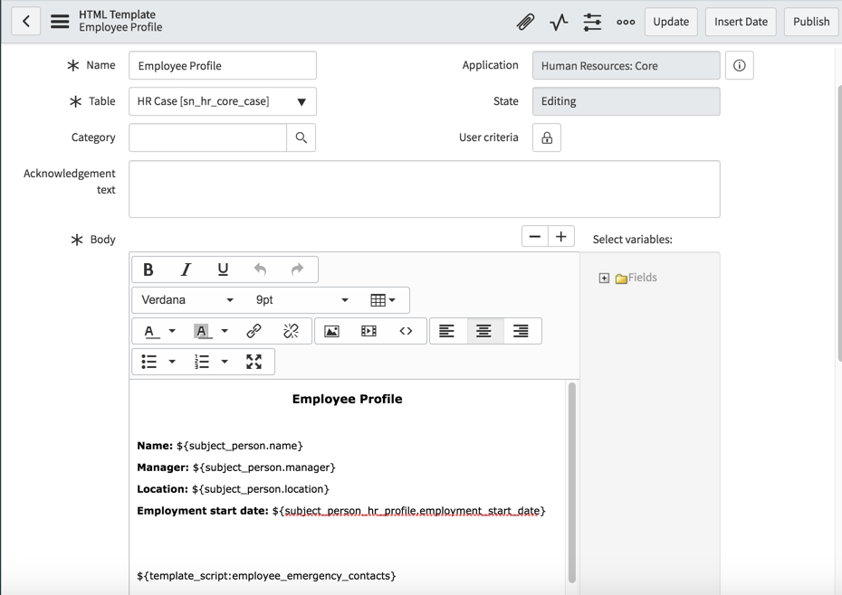 A template showing fields, including a script input area that has basic editing controls.