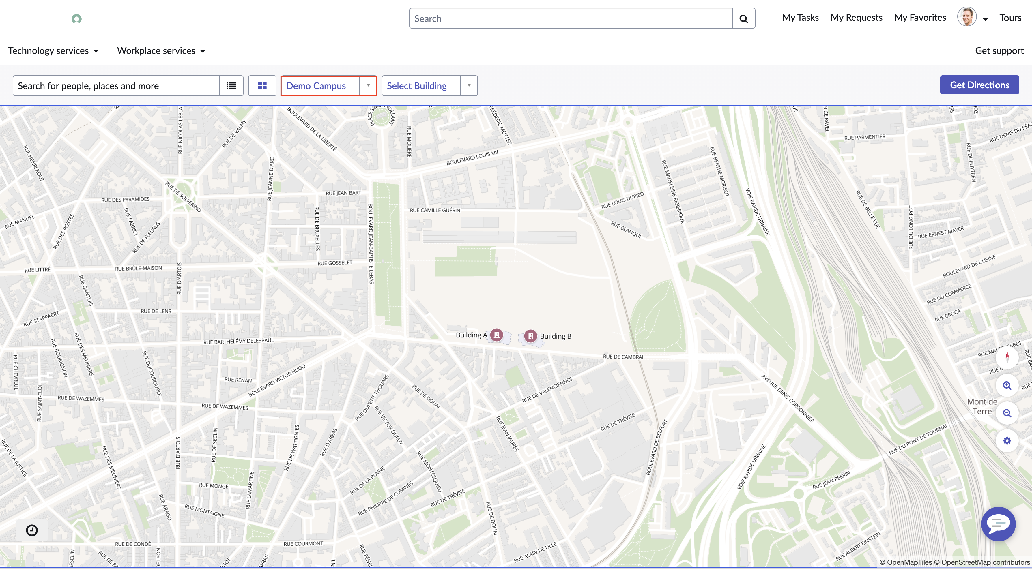 Map view showing selected campus tab.
