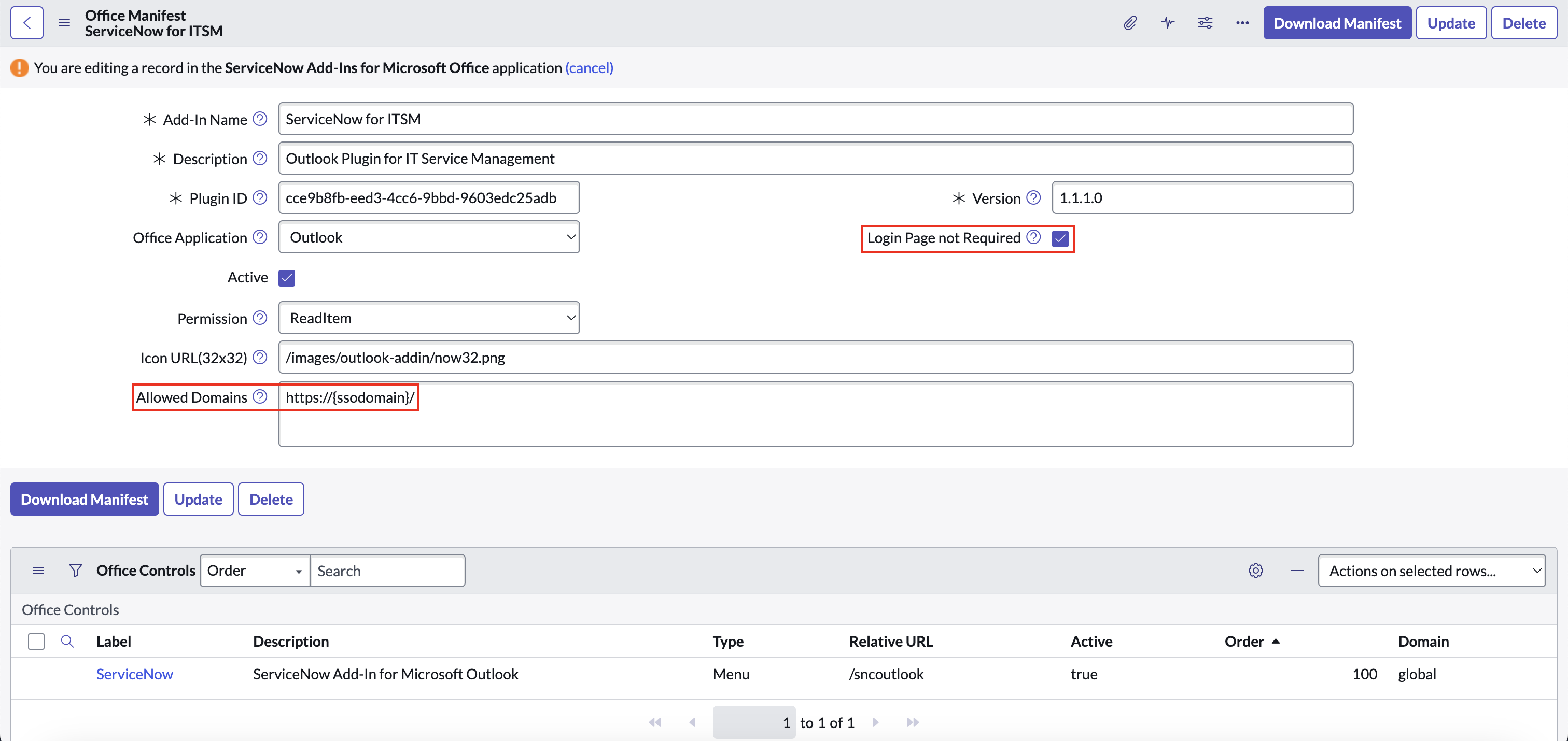 Office Manifest form with the Login Page not Required field selected and an SSO domain URL added to the Allowed Domains field.