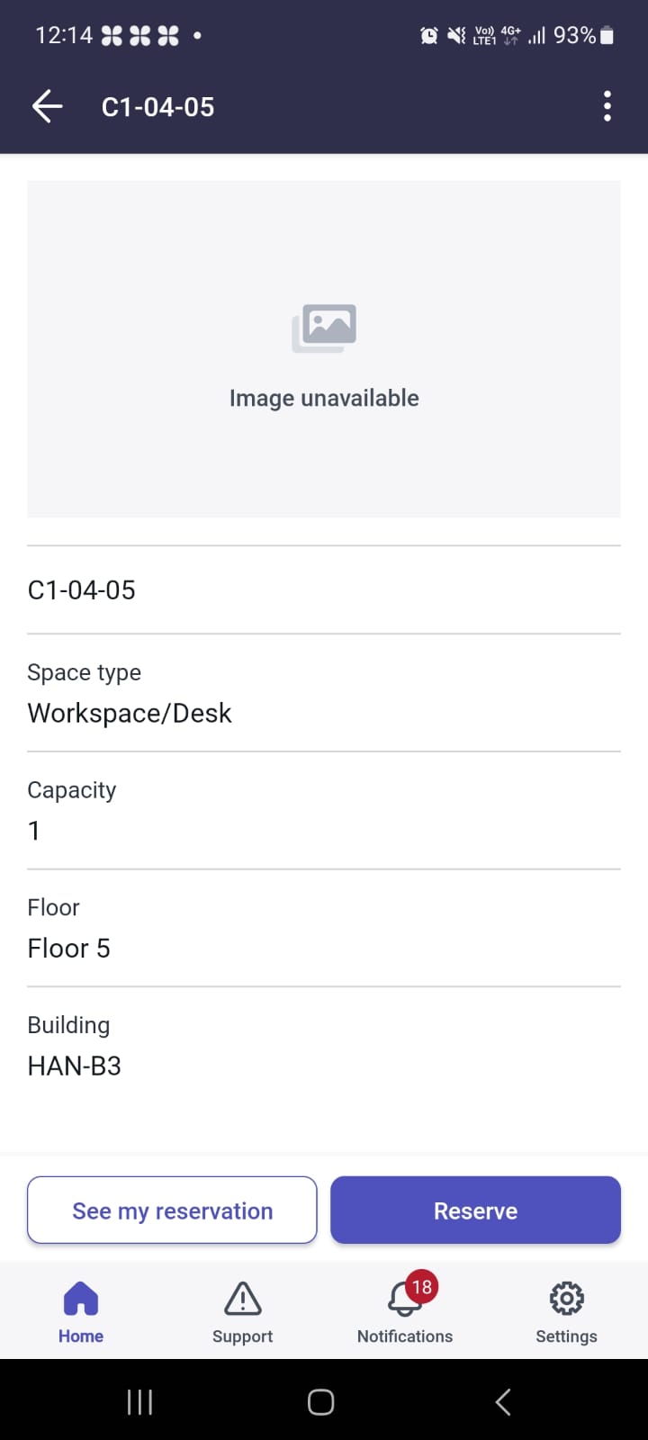 Selected space showing the See my reservation and Reserve button options.