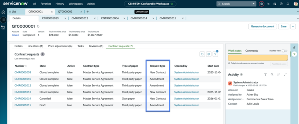 Request type field to distinguish between contract and amendment request.