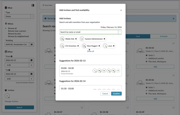 Add invitees and find availability dialog box.