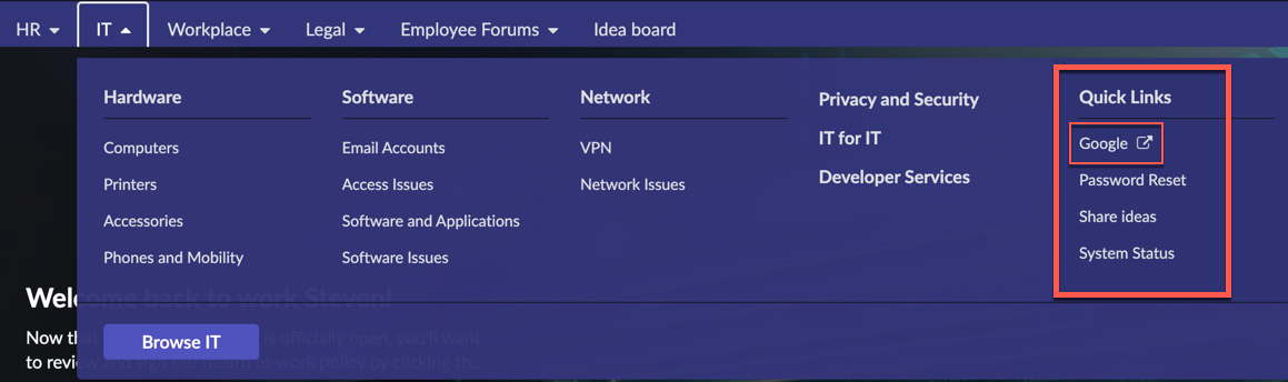 Quick links associated with the IT root topic are displayed on the mega menu.