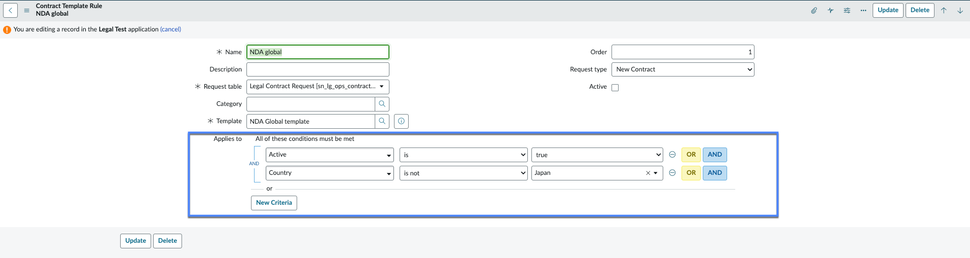 Condition builder with contract request fields