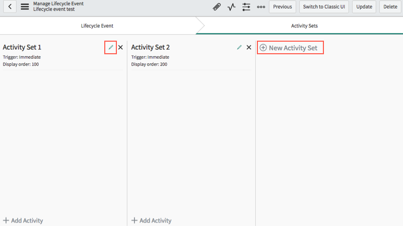Use the lifecycle event builder to create new or modify existing activity sets.