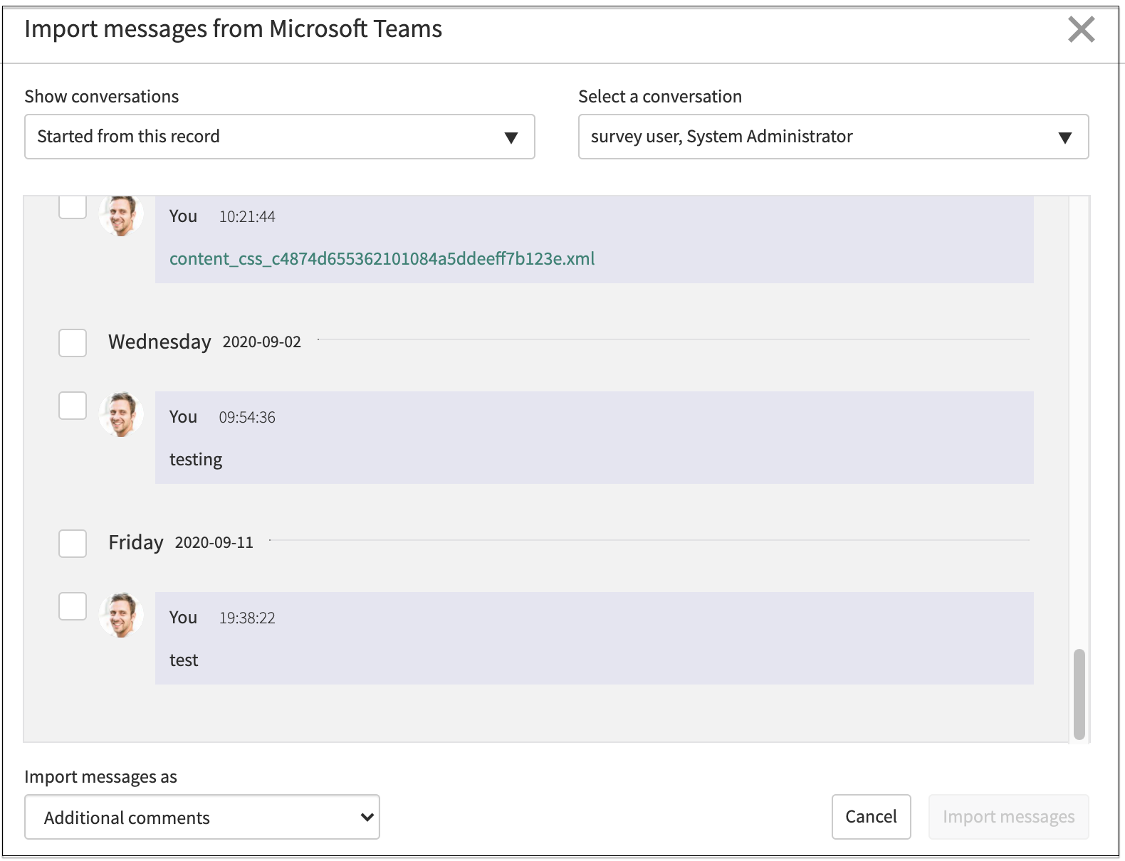 Import messages from a record