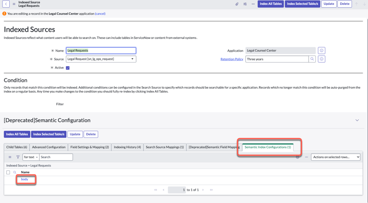 Configure semantic index record to determine how AI Search indexes content from the legal request tables.