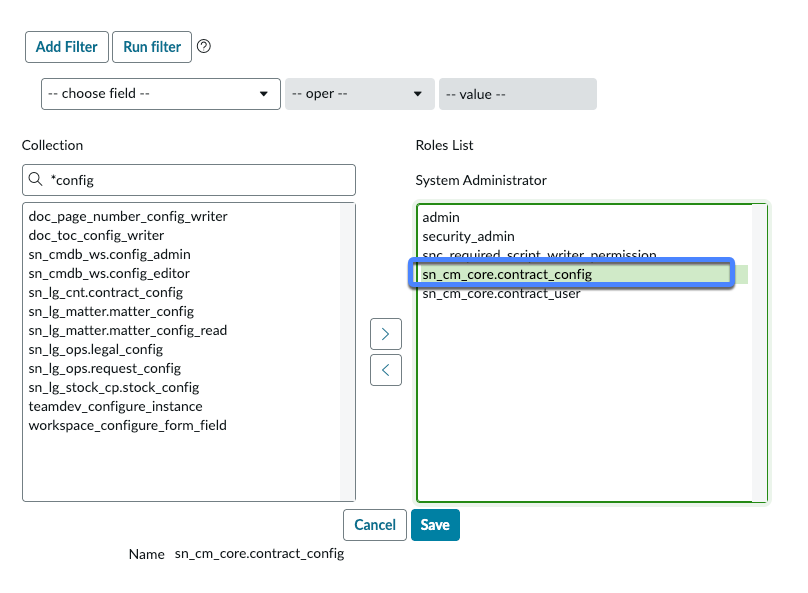 Add sn_cm_core.contract_config to the user