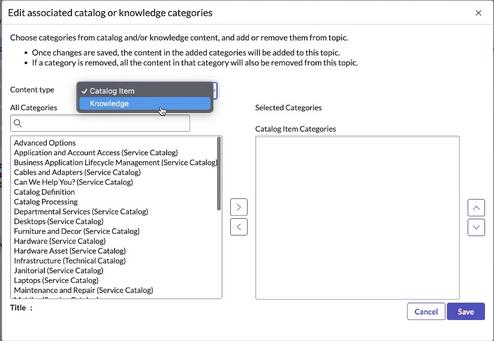 Edit categories to be linked to topics on the pop-up window