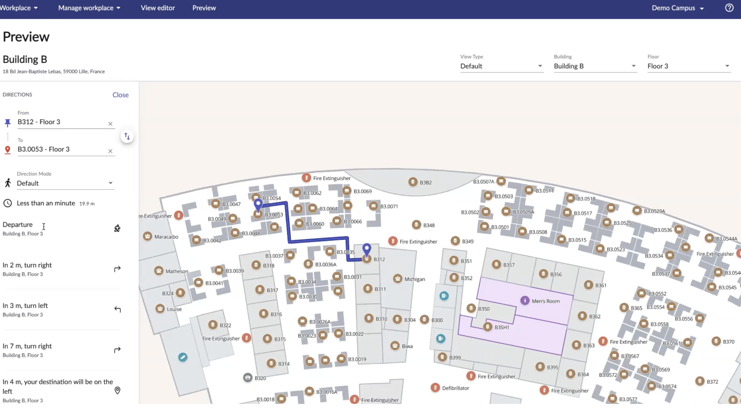 map preview showing wayfinding directions From one building to another