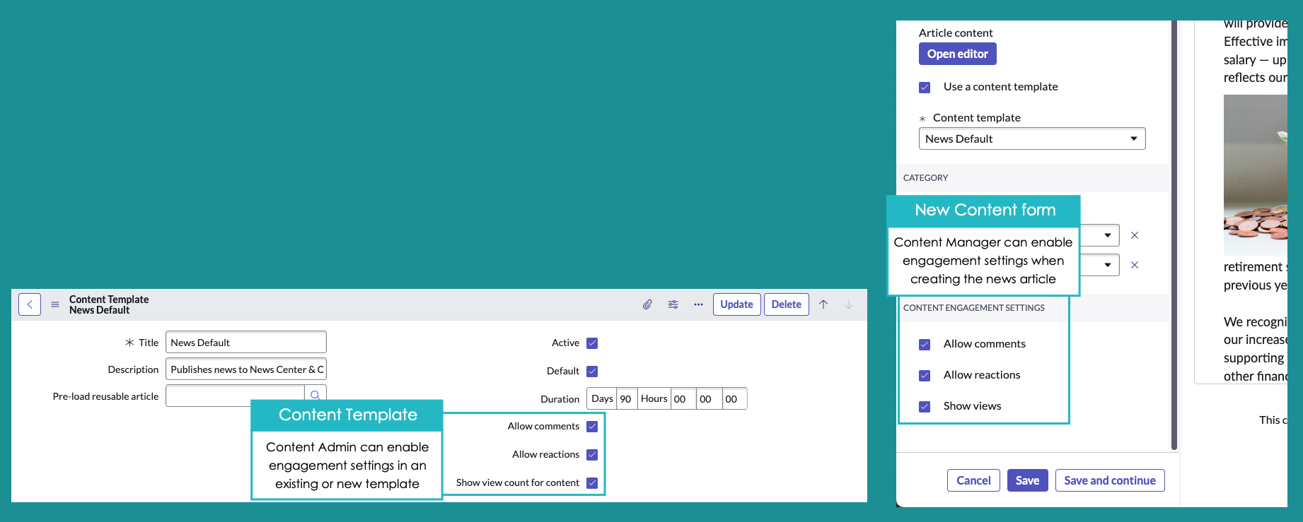 Enable comments, reactions, and view count from the Content Template or New Content forms