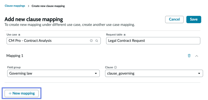 Clause mapping for contract analysis with the option of adding multiple mappings.