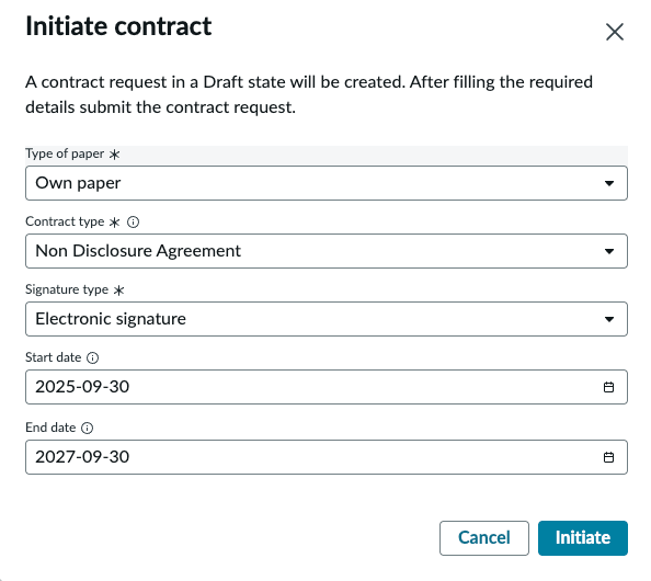 Initiate contract window to populate the contract request details.