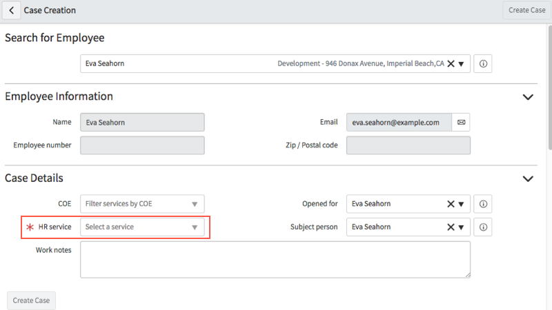 On the HR case creation form, select the HR service you are requesting for the employee.