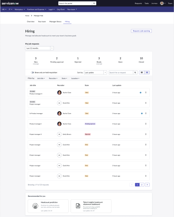 Hiring tab shows number of my job requests by state and paginated details