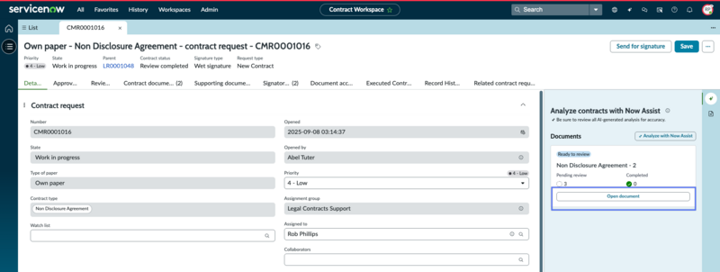 Now Assist contextual side panel displaying the Open document button to review the suggestions for contract review.
