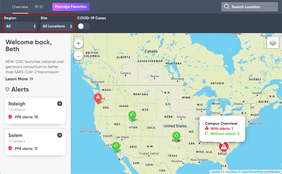 Initial view of the Safe Workplace Dashboard pointing to one location that displays the pop-up details.
