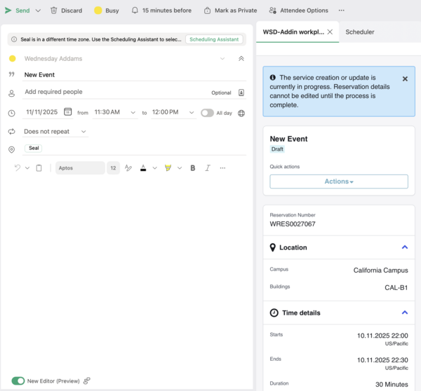 Draft reservation showing the Actions tab to update reservation, if required.