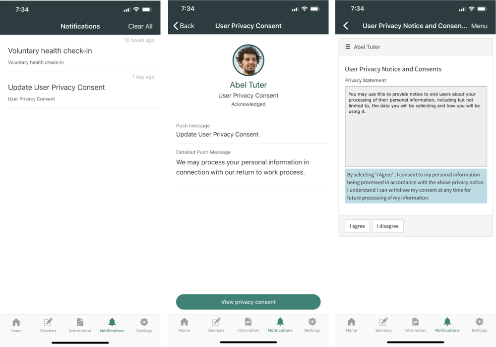 Screens displayed on the mobile app to submit a privacy consent.