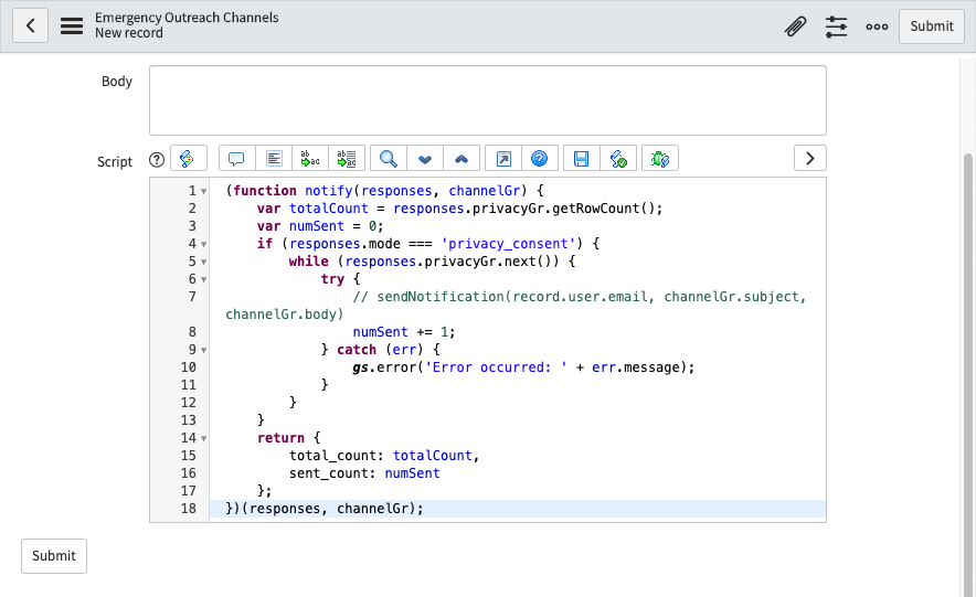 New channel record with the script option selected and a default script.