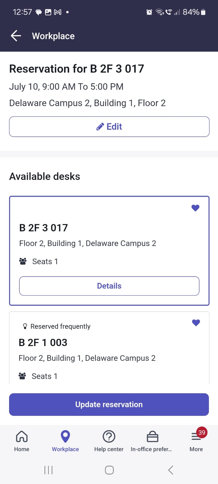 Update reservation showing Edit tab to update an existing reservation.
