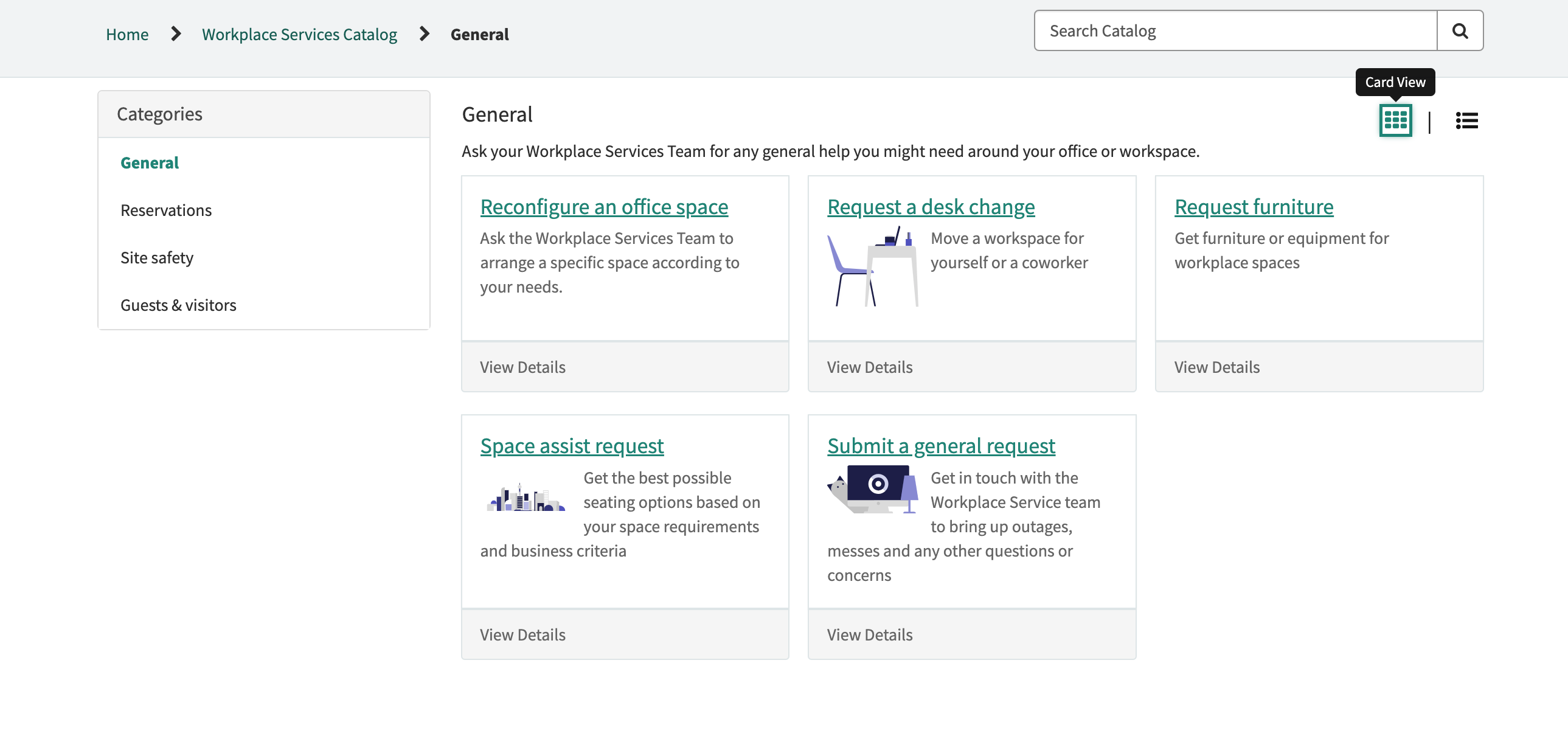 The workplace services created using the Workplace Case Management application are displayed in the Workplace Service Portal in a Workplace Service Catalog