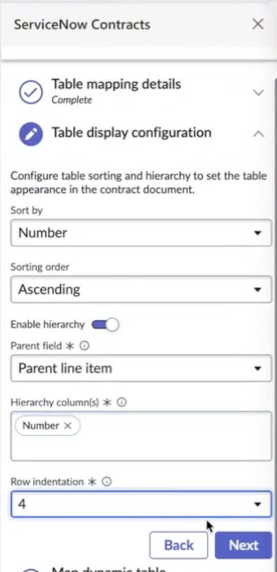 Define how the data appears within the table in the contract document