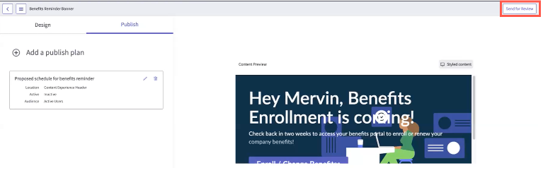Content creators can send content for review from the Content Library interface