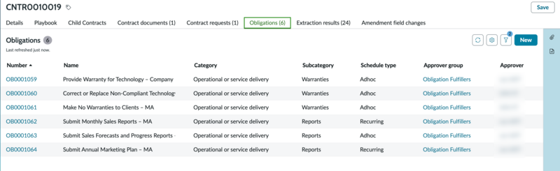 Obligations tab displaying the list of obligations added in the contract repository record.