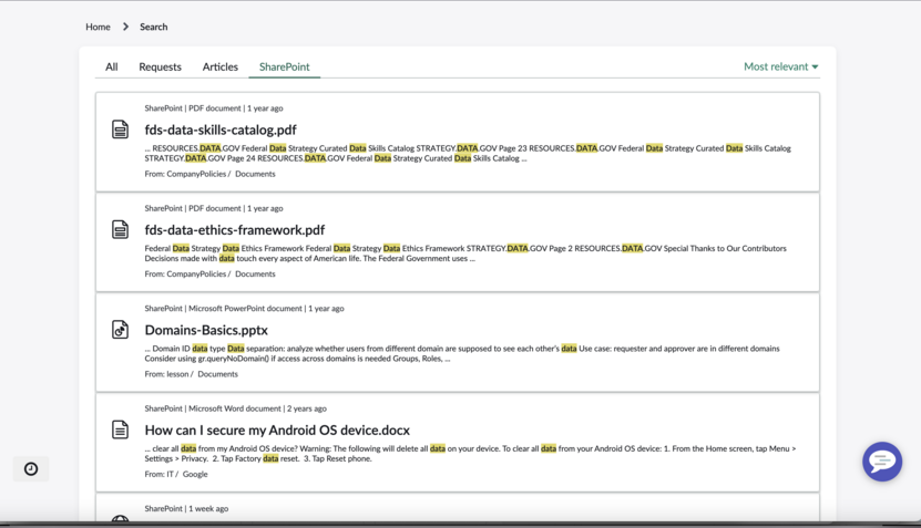 SharePoint tab on the search results page.