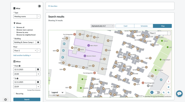 Map view showing spaces on a floor map.