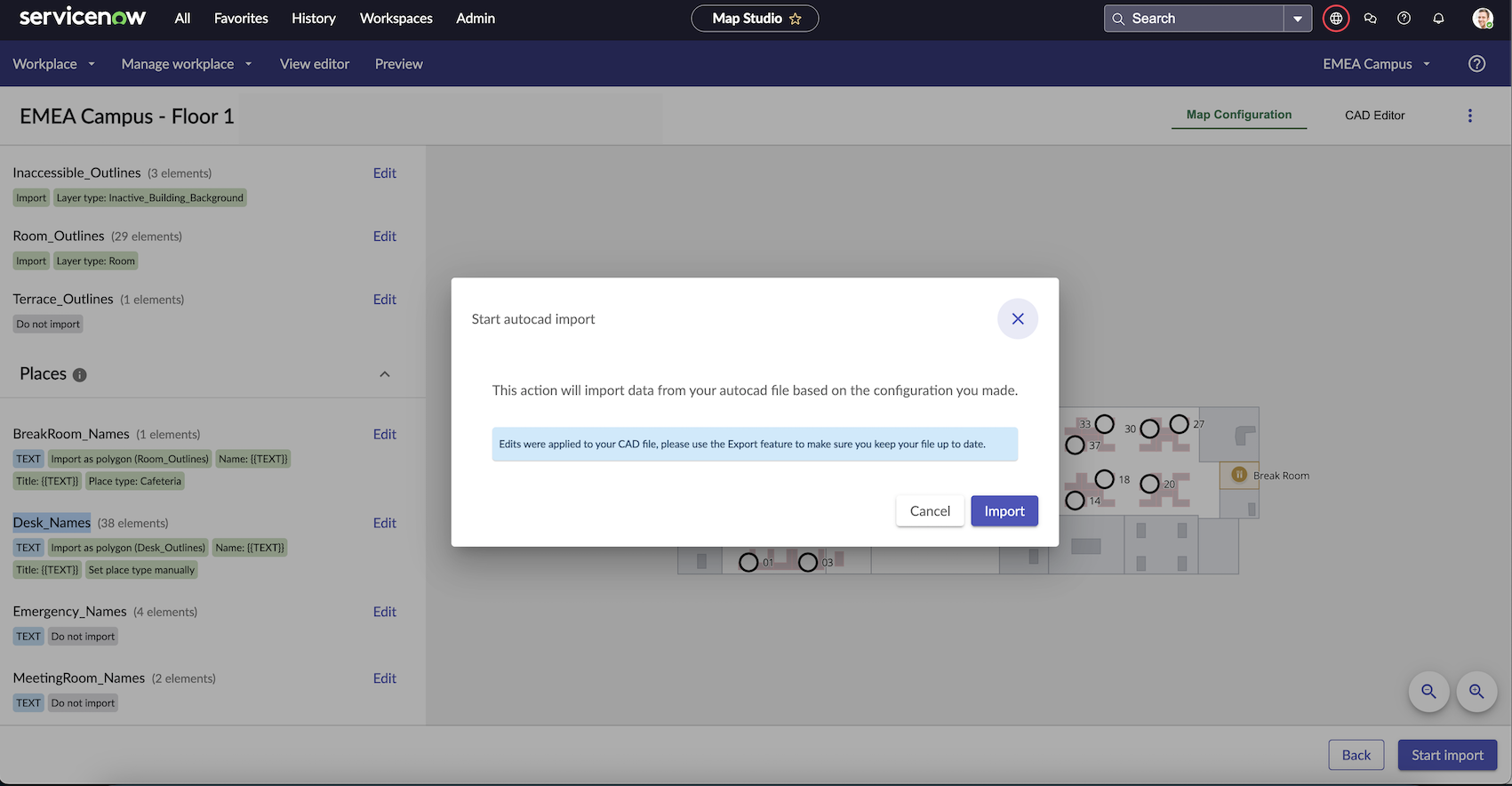 Autocad Configuration page showing message to export the CAD configuration changes and then import the changes in the Map Studio.