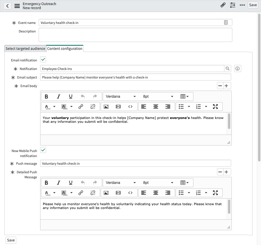 Emergency Outreach content configuration.