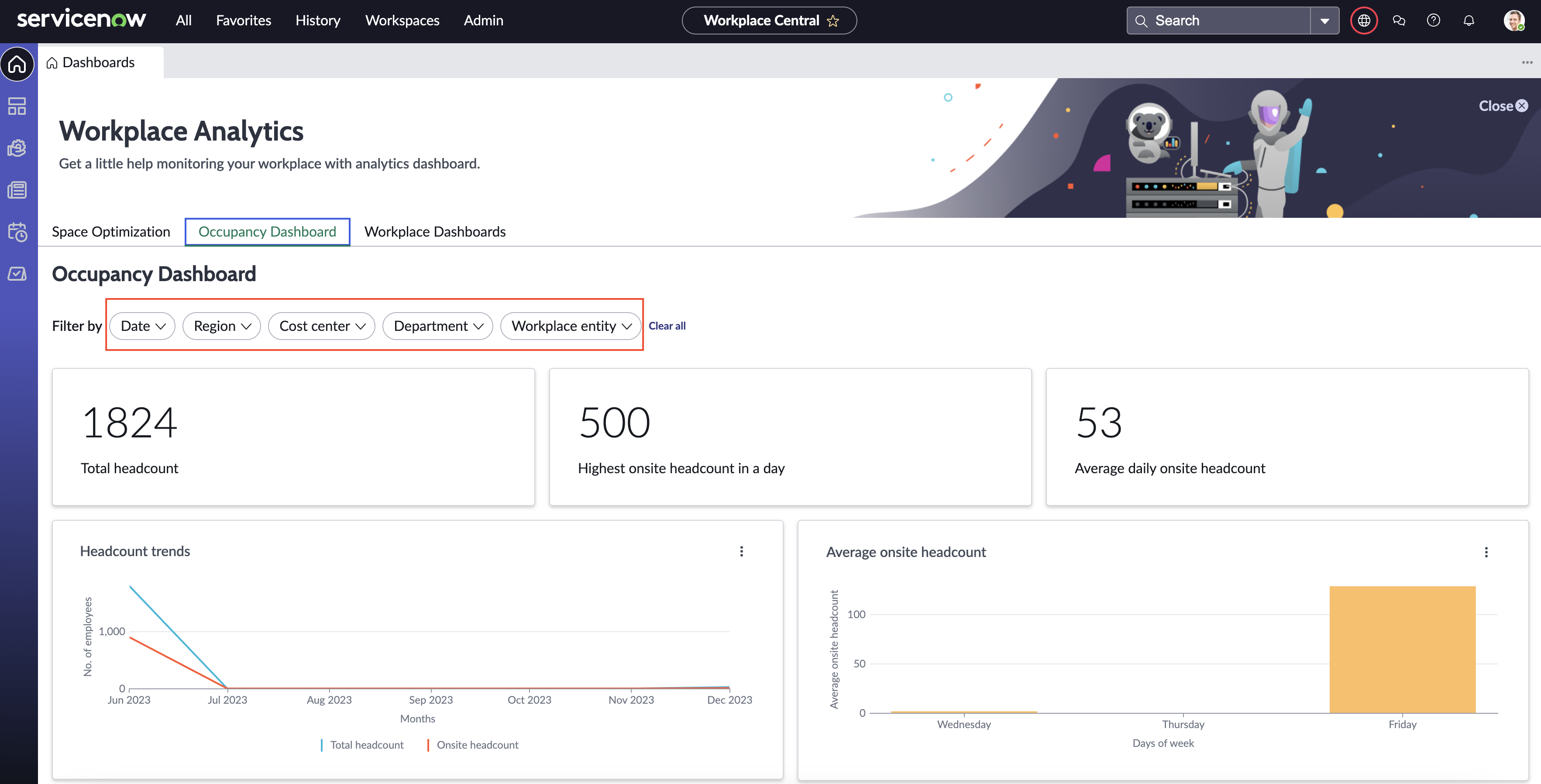 Occupancy dashboard showing filter options.